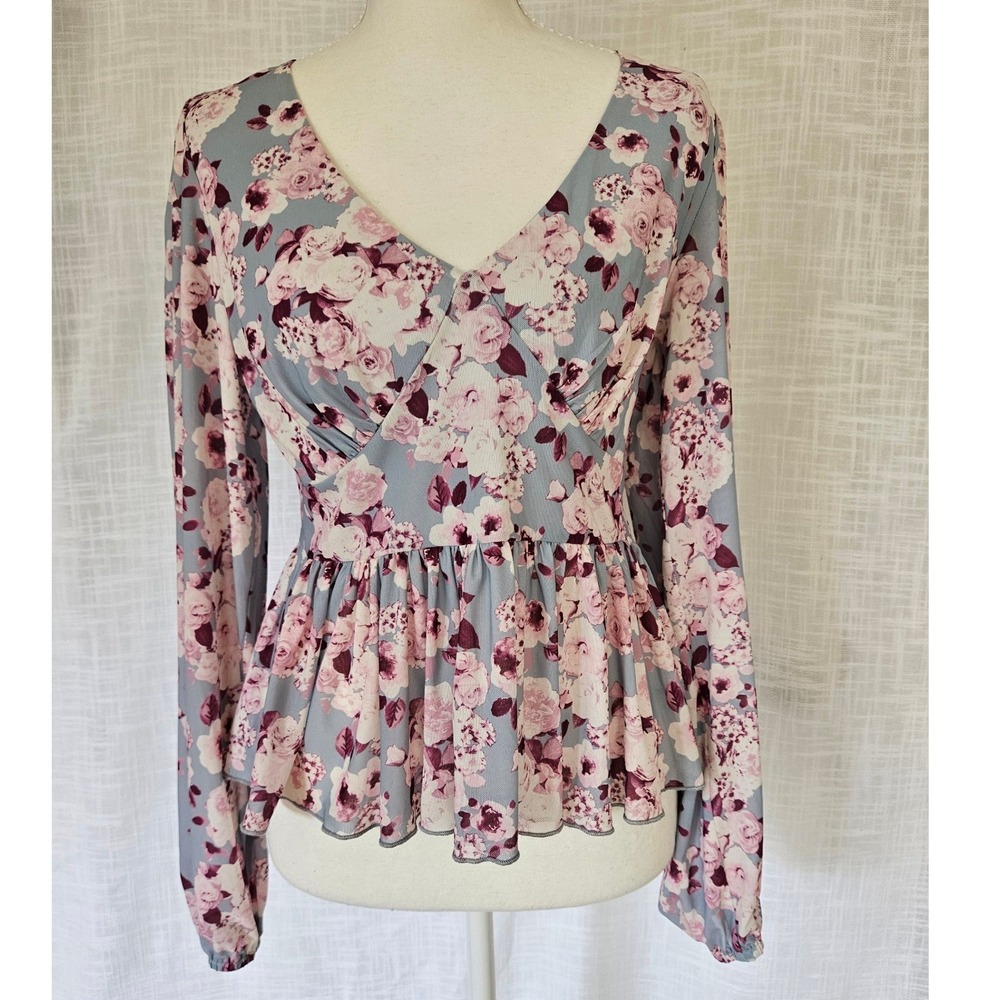 Peplum Top Women S Mauve Floral V-Neck Mesh Cottagecore Romantic Feminine Boho